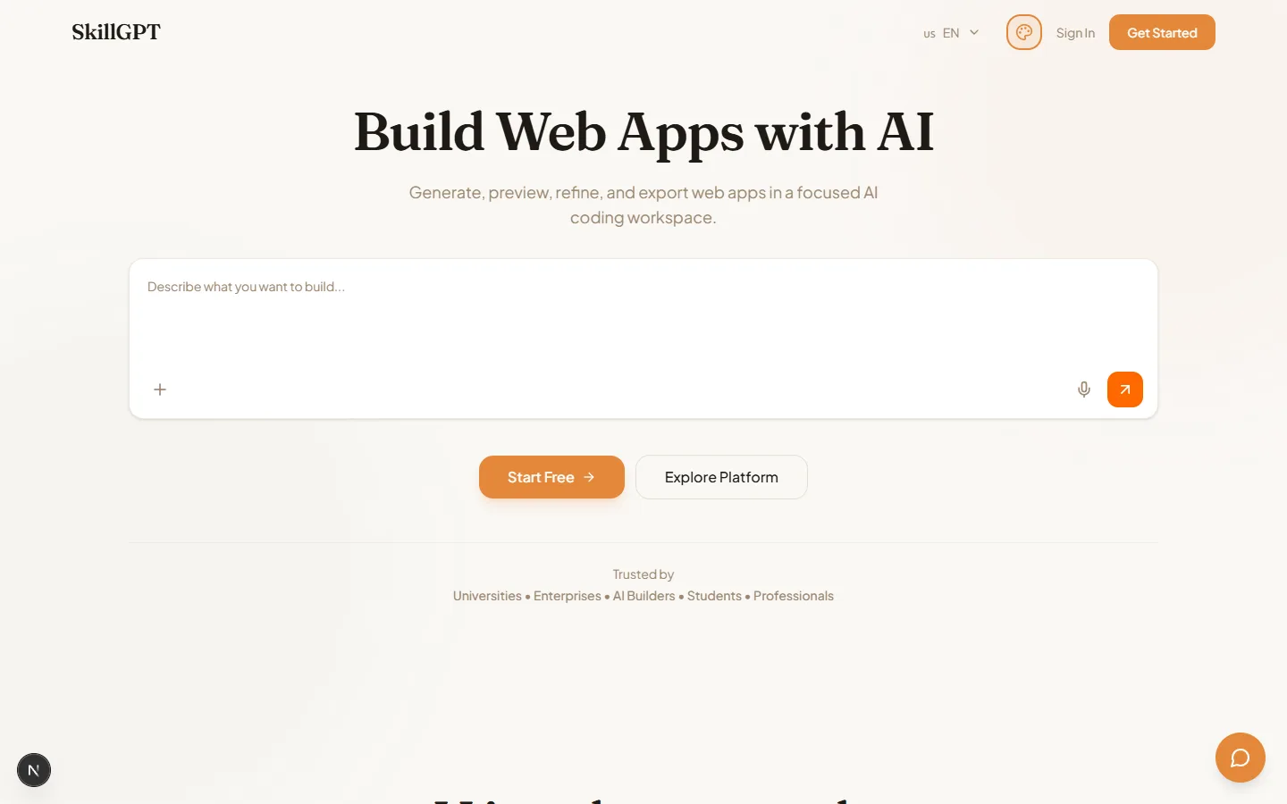 SkillGPT workspace showing an AI-generated web application and its project tools